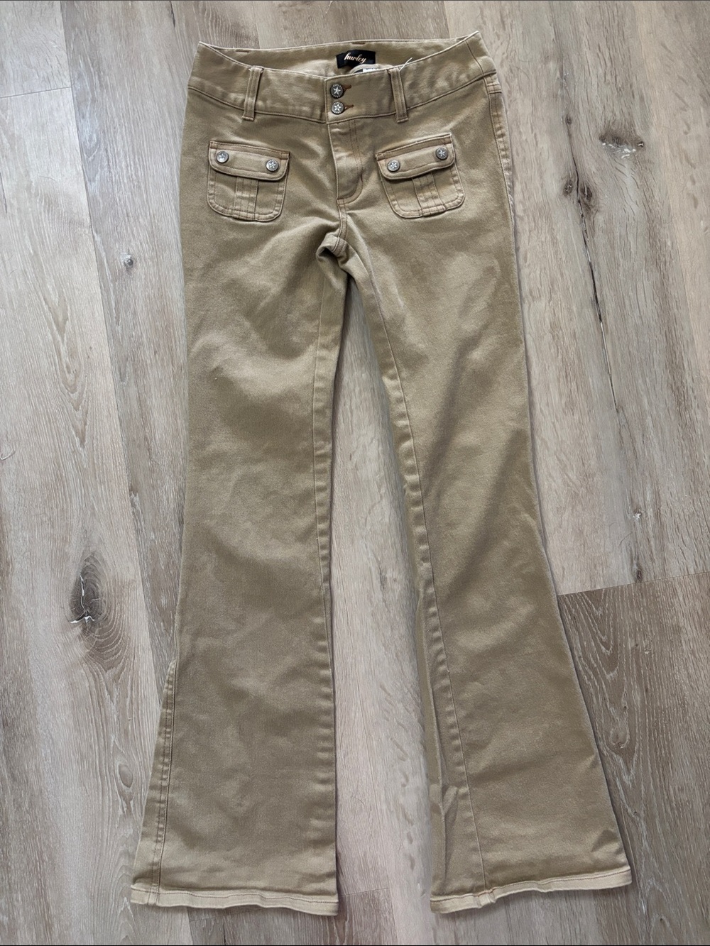 Hurley Women's Tan Y2K Flare Jeans with Front Flap Pockets